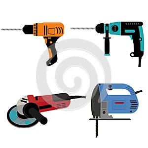 set of construction tools electric jigsaw hammer drill and grinder, color isolated vector illustration in cartoon style