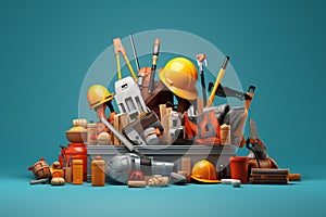 Set of construction tools and equipment on blue background. 3d illustration. Labor day concept Ai Generative