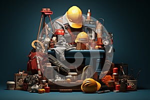 Set of construction tools and equipment on blue background. 3d illustration. Labor day concept Ai Generative
