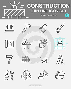 Set of Construction Vector Line Icons. Includes crane, helmet, truck, cone and more. 50 x 50 Pixel