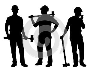 Set of construction worker with hammer silhouette vector