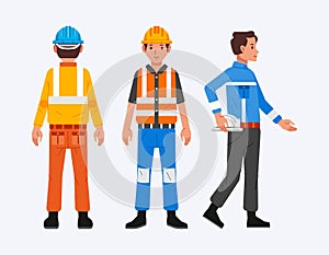 Set of construction worker man character with multiple sides wearing different uniform and wearing safety helmet and vest vector