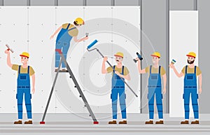 Set Construction workers with cordless screwdriver, brush, plastering trowel tool, rollerbrush in workwear. Craftsman