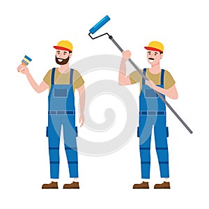 Set Construction workers painter with brush and rollerbrush in workwear. Craftsman character vector isolated