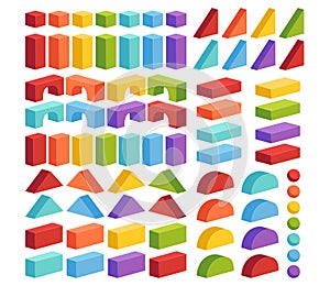 Set of constructor from childrens blocks of different colors and shapes. Parts for building a tower or castle