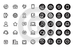 Set of contact and communication icons with linear and black designs