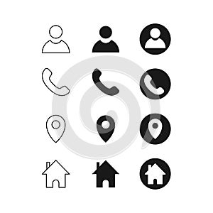 Set of contact detail icon isolated on white background in black. Phone, global, location icon. vector illustration for design