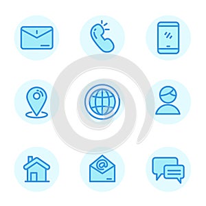 Set of contact us icons in blue line design isolated on white background