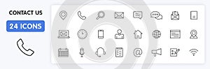 Set of 24 Contact Us web icons in line style. Web and mobile icon. Chat, support, message, phone. Vector illustration