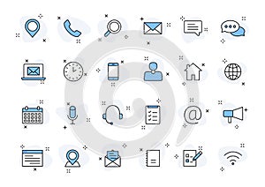 Set of 24 Contact Us web icons in line style. Web and mobile icon. Chat, support, message, phone. Vector illustration