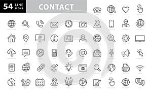 Set of 54 Contact Us web icons in line style.