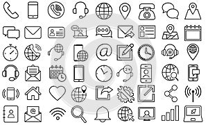 Set of 54 Contact Us web Vector icons in line style. Web and mobile signs illustration. Chat symbol. Support logo.