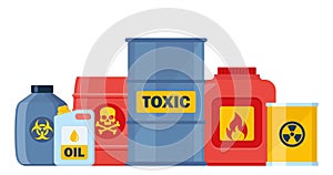 Set of containers with toxic and chemical substances. Dangerous Toxic, Biohazard, Radioactive, Flammable substances. Vector