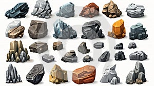 The set contains an illustration of an isolated 3D modern illustration of mountain stones, stones, pebbles or boulders