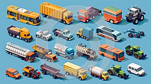 The set contains transport modes such as isometric cars, freight trucks, refrigerator vans, tractors, harvesters