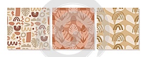Set of contemporary collage seamless pattern. Terracotta various abstract shapes.