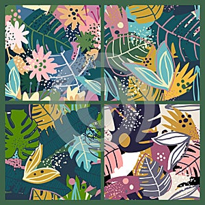 Set of contemporary exotic leaves seamless pattern in collage style. Creative tropical leaf wallpaper collection