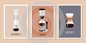 Set of contemporary posters with chemex glass pot, syphon coffee maker and aeropress. Wall art print with speciality