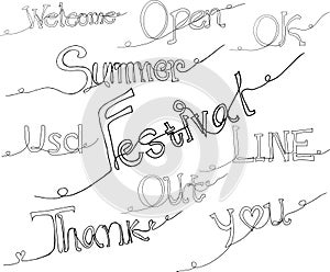 Set of continuous line drawing calligraphy text Seamless pattern of festivel, summer, welcome, open, you, thank, out, line. photo