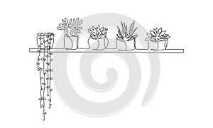 Set of continuous line drawing of houseplants succulents cactus and aloe vera in pots on wall shelf. Linear silhouette