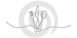 Set in continuous line drawing style of spoon, fork, steak knife line art decorative healthy food. Vector graphics