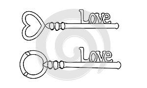 Set of continuous line key heart shaped icons with word love. Minimalist keys illustration. Real estate vector elements