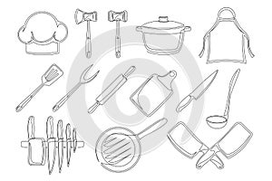 Set of continuous one line drawing of a kitchen elements