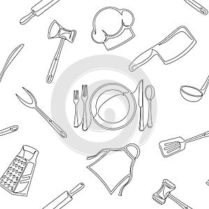 Set of continuous one line drawing of a kitchen elements