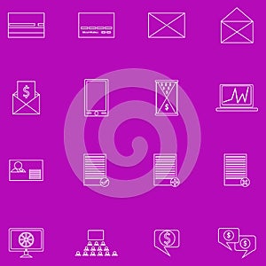 A set of contour business icons on purple background