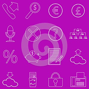 A set of contour business icons on purple background