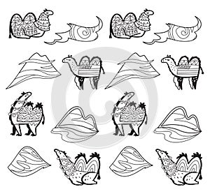 Set of contour camels, desert and hills in cartoon tribal styles