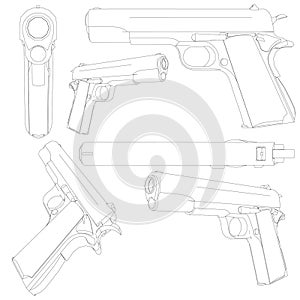 Set with a contour of a 1911 Colt pistol. Contour of a pistol in different positions isolated on a white background. 3D