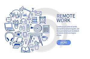 A set of contour elements - work from home, the concept of remote work in quarantine. Vector illustration in doodle