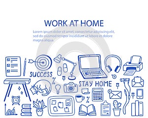 A set of contour elements - work from home, the concept of remote work in quarantine. Vector illustration in doodle