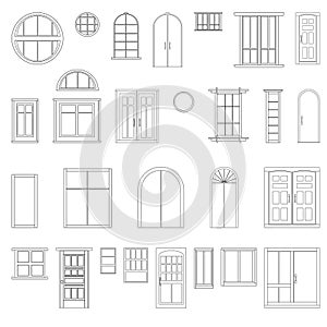 Set of contour entrance doors and windows isolated on white background. Clipart