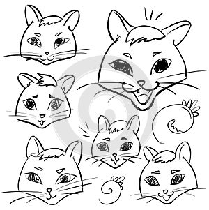 Set of contour heads of cat - emotions