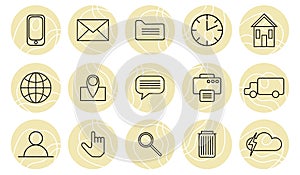 Set of contour icons for business, sites, social networks. Simple icons phone, clock, person, letter