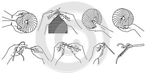 Set of contour illustrations Crochet and Knitting. Hands with skeins, hands with knitting needles and crochet.