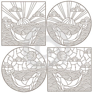 A set contour illustrations with dolphins on the waves and the sky , the dark outline on a white background
