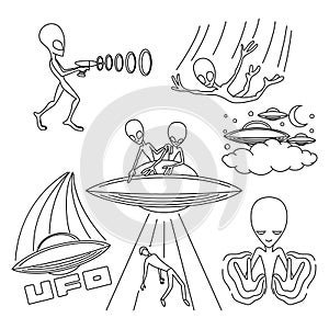 Set of contour illustrations with extraterrestrial aliens.