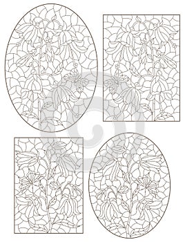 A set of contour illustrations with flowers, bells and butterflies, dark outlines on a white background