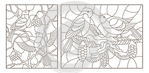 Contour set with illustrations of stained glass with birds on the branches of snow-covered trees , dark outlines on a white backg photo