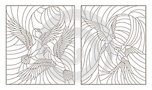 Contour set with illustrations of stained glass birds, pair of swans and a pair of swallows in sky on background sun