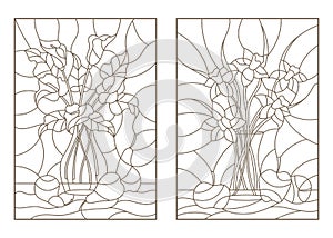 Set with contour illustrations of the stained glass bouquet of Callas, Narcissus, in a vase