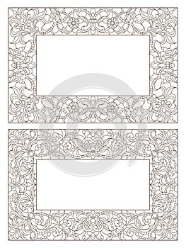 Contour set with  illustrations of stained glass with floral framework,dark outlines on white background