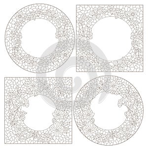 Set contour illustrations of stained glass with floral framework,dark outlines on white background