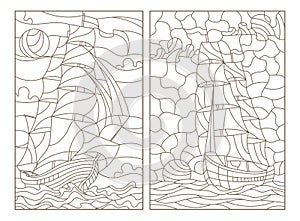 Contour set with illustrations of stained glass, seascape, ships sailing on the background of the cloudy sky and the sun, dark con