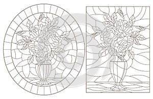 Contour set with  illustrations of stained glass still lifes, bouquets of roses in vases, dark contours on a white background photo