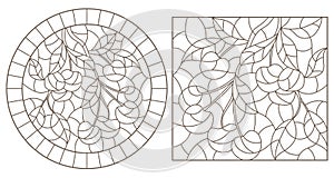 Contour set with  illustrations of stained glass style with a branch of cherry, dark contour on white background photo