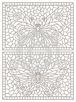 Contour set with  illustrations in stained glass style with butterflies in frames, dark contours on a white background, rectangula photo